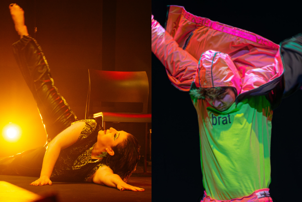 Left: woman in green snakeskin print shirt lies on ground with one leg raised in the air with golden spotlight behind her; Right: a cis-white homosexual (who you can call Alexander Davis) in a shiny pink track suit flails his arm vigorously in a high V, r
